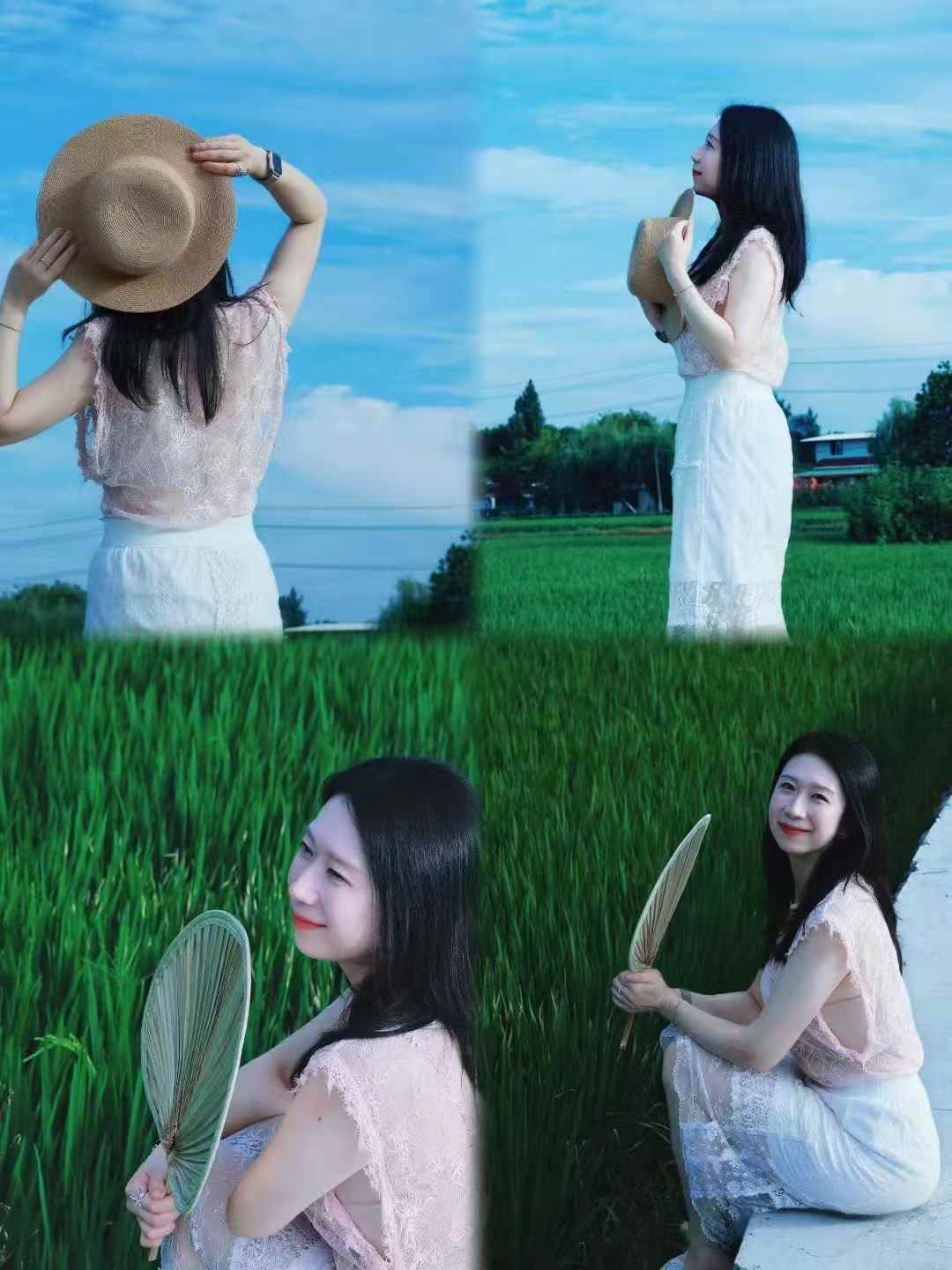 陈迅老师身着浅色服装在绿色田野中的四格旅行照片