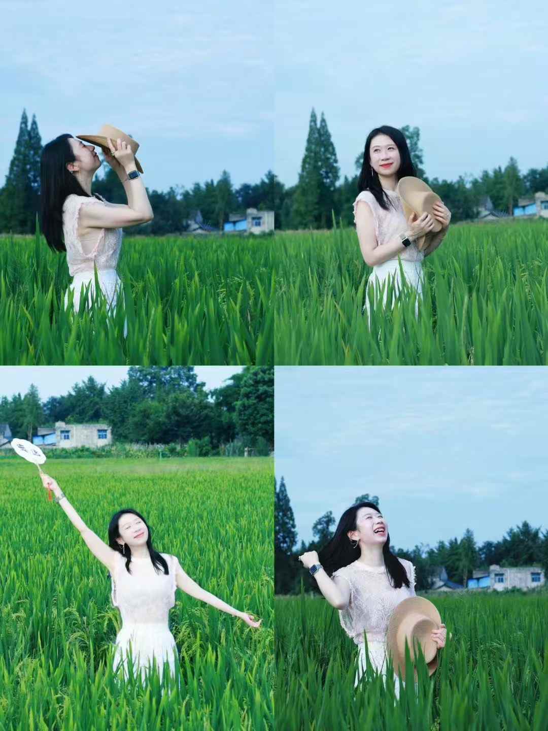 陈迅老师手持草帽在绿色田野中的四格旅行照片